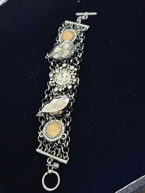 Silver-Tone Multi Stone Chain Bracelet with Amber Accents